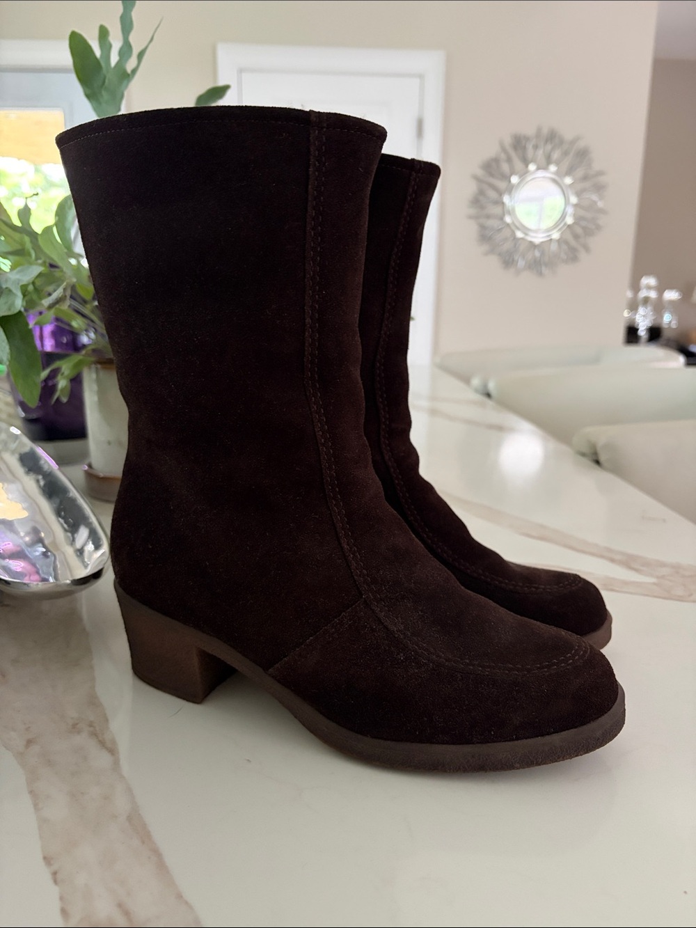Women's Dark Brown Suede Shearling lined Mid-Calf 2” Rubber Block Heel Boots